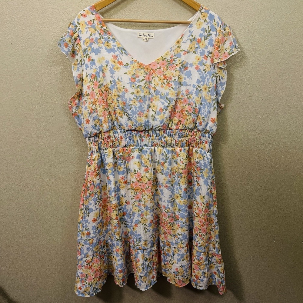 Indigo Rose Floral Spring Dress Pastels Flutter Sleeve Easter Plus Size 3X‎